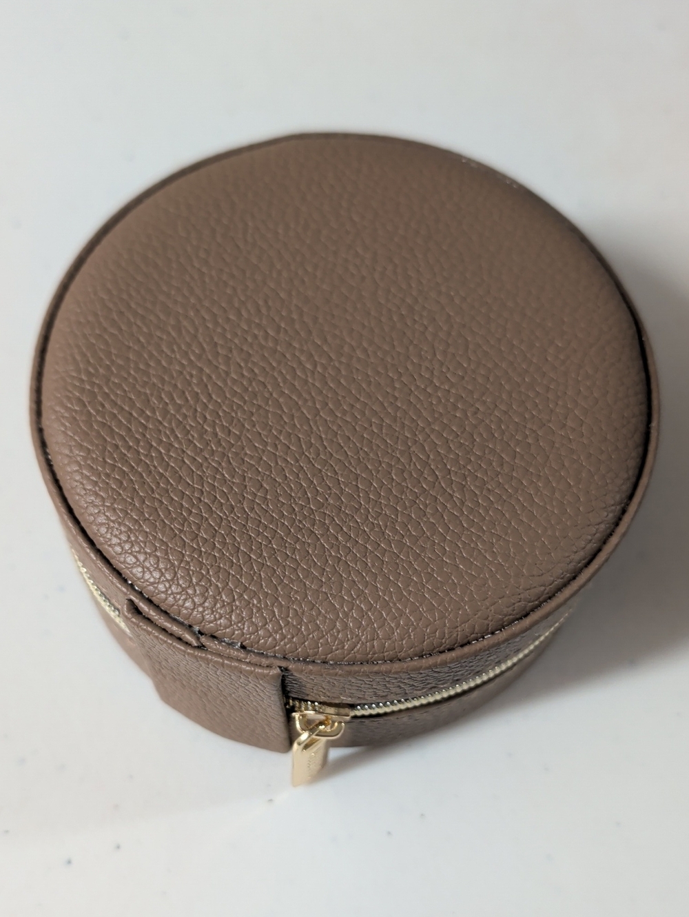 Round Taupe Travel Jewelry Case with Gold Zipper